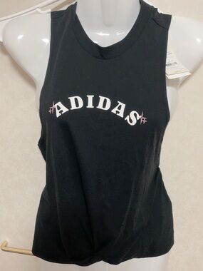 adidas Black Tank Top with White Logo and Pink Accents